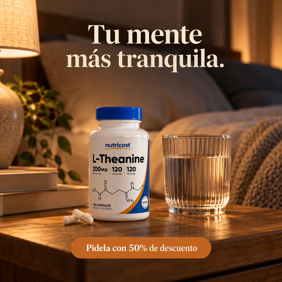 L-Theanine Nutricost en una mesita nocturna