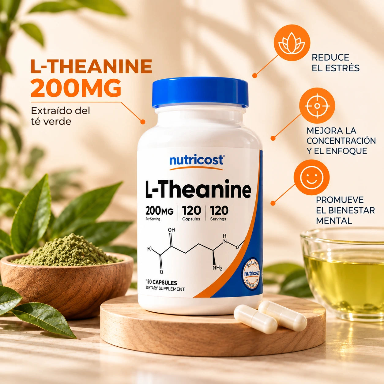 Segunda imagen de L-Theanine Nutricost junto a una taza de té